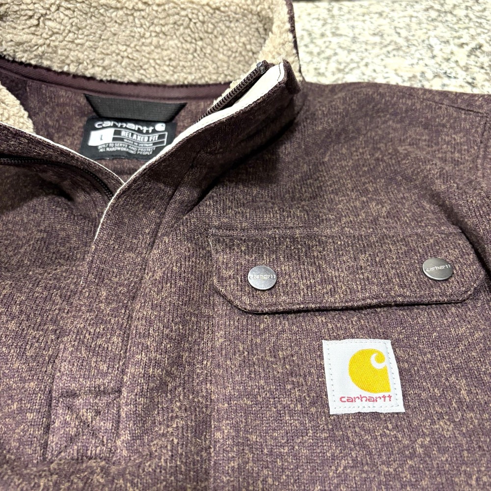 Carhartt Fleece Pullover Mens Large Brown Heathered 1/2 Zip Mock Neck Pocket